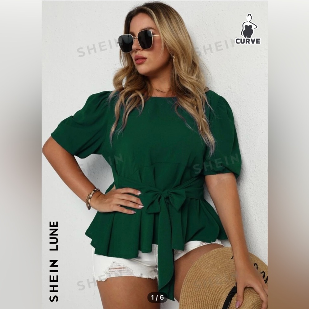 Worn 1 time SHEIN LUNE Plus Puff Sleeve
Belted Blouse